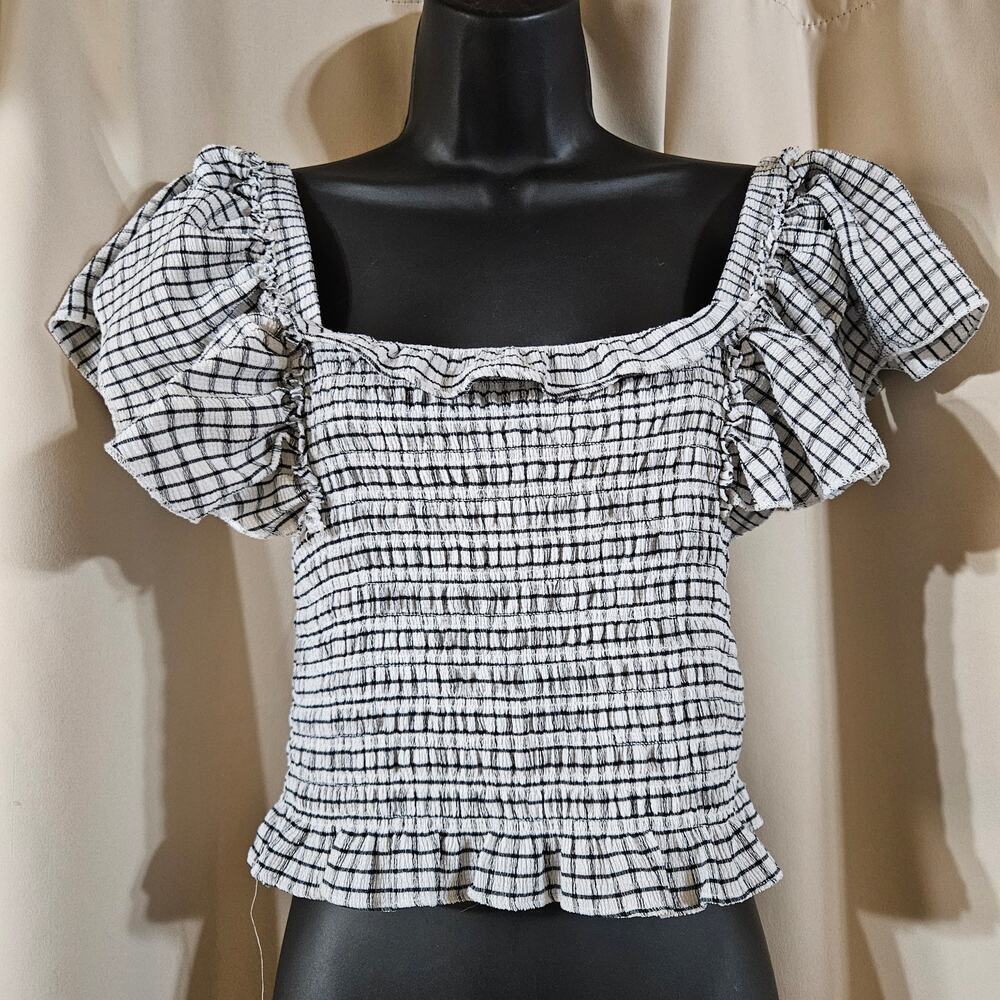 Maeve White and Black Smocked Plaid Crop Top